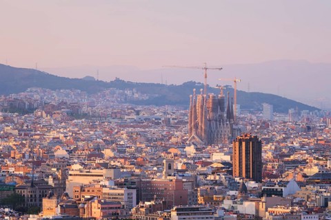 BARCELONA, SPAIN, APRIL 15, 2019: View of Barcelona city cityscape with Sagrada Familia church on
