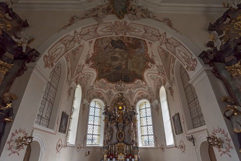 High altar in rococo style, St. Leonard, built 1726, Pfronten (Ostallgäu), Bavaria, Germany, Europe