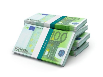 Creative business finance making money concept, stack of 100 euro banknotes bills bundles isolated