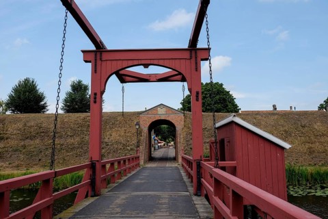Bourtange Fortress, entrance with drawbridge over moat, Groningen Province, Netherlands