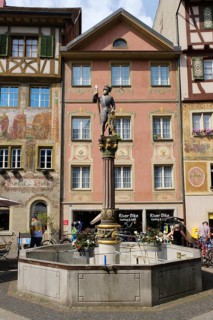 Fountain with fountain figure on the town hall square, Old Town, Stein am Rhein, Canton