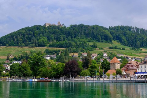 Old town with Schiffländi Hexenturm and Hohenklingen Castle, banks of the Rhine, Stein am Rhein,