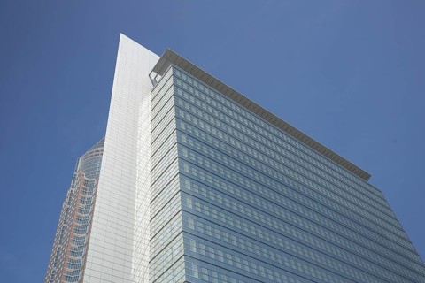 Kastor and Messeturm, view up, glass window, glass building, tower, skyscraper, perspective, Platz