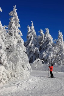 Winter landscape and cross-country ski trail in the Fichtelgebirge, Bayreuth district, Upper
