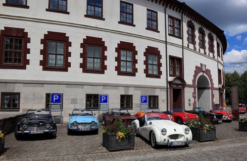 Vintage car parade in front of the castle, round building of Elisabethenburg Castle, Meiningen,
