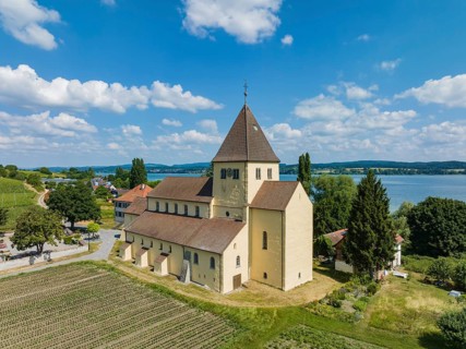 Aerial view of the Church of St. George, Oberzell, Reichenau, UNESCO World Heritage Site, Constance