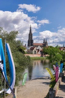 City view, Danube bank with historic old town, fishermen's quarter, cathedral, beach flags, flags,