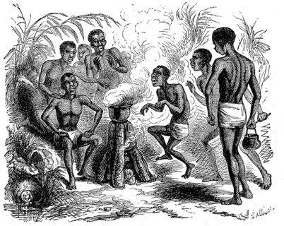 The use of fire for cooking among the natives, 1869, Uganda, Historic, digitally restored