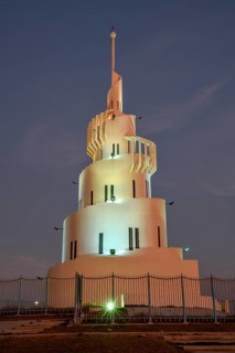 Lighthouse, blue hour, spiral, Marjan Island, Dammam, ash-Sharqiyya Province, Persian Gulf, Saudi