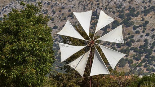 Windmill close, canvas, Lassithi plateau, Lassithi, East Crete, Crete island, Greece, Europe