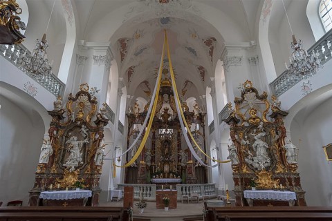 Interior with rococo high altar, 1761, in the pilgrimage church Maria Limbach, built 1751-1755,