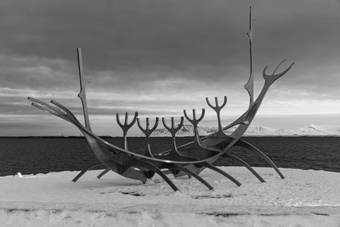 Viking ship sculpture, black and white photograph, Reykjavik, Reykjanes Peninsula, Sudurnes,