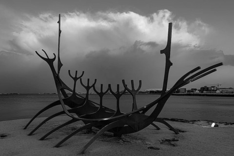 Viking ship sculpture, Sun Voyager, black and white photograph, Reykjavik, Reykjanes Peninsula,
