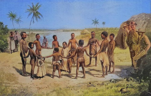 Negro children playing Ringelreihen in the German colony of Tanzania, 1870, Historic, digitally