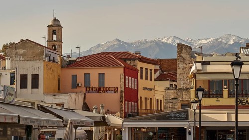 Panorama shot, Lefka Ori, White Mountains, Snowy Mountains, Venetian Old Town, Venetian Harbour,