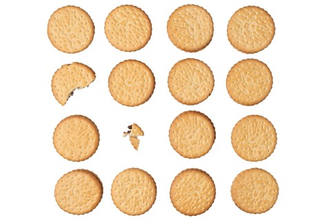 Double biscuits in rows, one bitten into, on white
