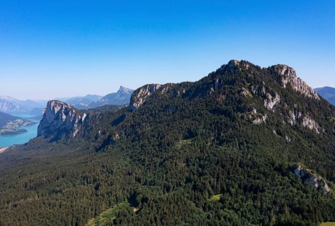 Drone shot, Schober and Drachenwand, Mondsee, Mondseeland, Salzkammergut, Land Salzburg, Austria,