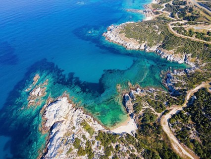 Aerial view, Prassou beach, Kriaritsi, Sithonia, Chalkidiki, Central Macedonia, Greece, Europe