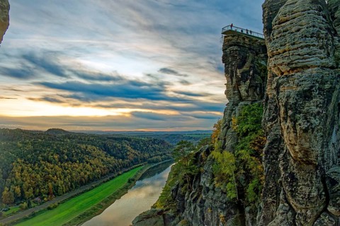Evening mood, sunset, view to the new Basteiaussicht and the river Elbe, Lohmen, Saxon Switzerland,