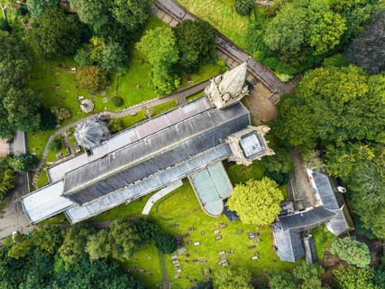 Top down over Llandaff Cathedral from a drone, Cardiff, Pembrokeshire, Wales, England, United