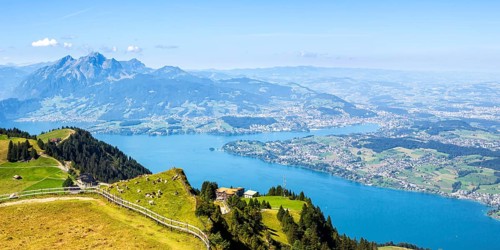 View from Mount Rigi to the city of Lucerne, Lake Lucerne and Pilatus Alps Panorama in Rigi,