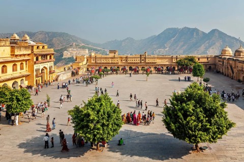 AMER, INDIA, NOVEMBER 18, 2012: Tourists visiting Amer (Amber) fort, Rajasthan, India. Amer fort is