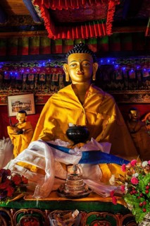 SPITUK, INDIA, SEPTEBMER 16, 2012: Buddha Sakyamuni statue in Spituk Gompa (Tibetan Buddhist