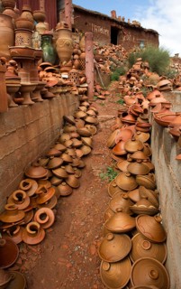 Morocco, clay jugs in front of a hotel, pottery, potteries, Africa