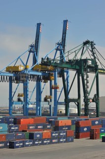 Container terminal cranes in the port of Zeebrugge, Belgium, Europe