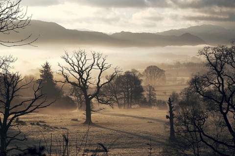View over Ormathwaite from Applethwaite with mist over Keswick, Lake District, Cumbria, England,