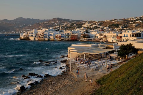 District Little Venice in the evening light, Chora or Mykonos Town, Mykonos, Cyclades, Greece,