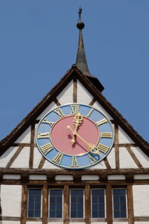Clock at the lower gate, city gate, old town, Stein am Rhein, Canton Schaffhausen, Switzerland,