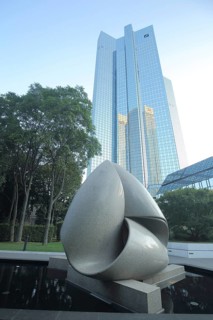 Sculpture Continuity by Max Bill 1986 in front of the high-rise, tower of the Deutsche Bank,