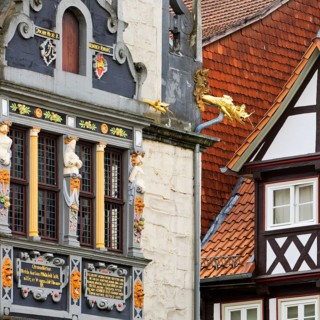 Detail of Münden Town Hall and half-timbered house, Weser Renaissance and German Half-half-timbered