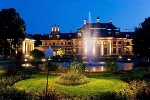 Pillnitz Palace Park in the evening, lighting rehearsal for the Pillnitz Palace Night. Pillnitz has