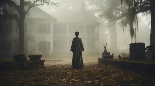 Eerie haunting ghostly female figure walking in front of a foggy southern plantation antebellum