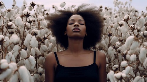 Contemplative mysterious african american woman standing amidst the cotton field. generative AI