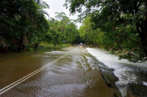 Flooded road, climate, river, rainforest, jungle, rain, flood, flooding in Daintree National Park,