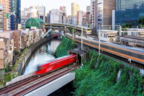 Local transport in Tokyo with trains of the metro and railways of Japan Rail JR in Tokyo, Japan,