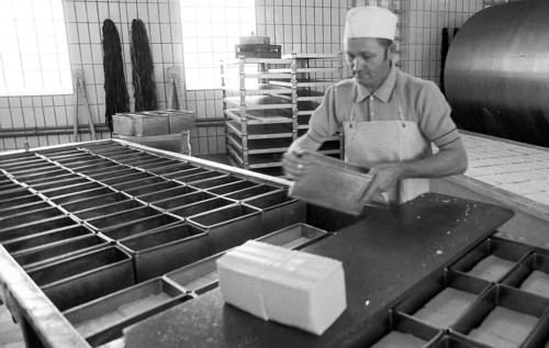 Cheese production at the Westmilch company on 22.05.1980 in Extertal near Herford, Germany, Europe