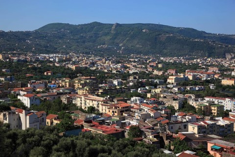 View over the bay of Penisola Sorrentina with the towns of Meta (front) and Sorrento, Campania,