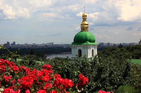 Church tower with green and golden dome, part of the Kiev Cave Monastery, Holy Mary Ascension
