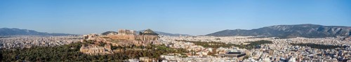 View from Philopappos Hill over the city, panorama of the Parthenon Temple and Herod's