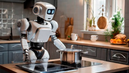 A humanoid robot cooks on an electric cooker, AI generates