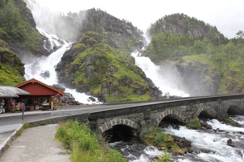 Latefoss waterfall with souvenir shop by the road, Vestland Province, Norway, Scandinavia, Europe