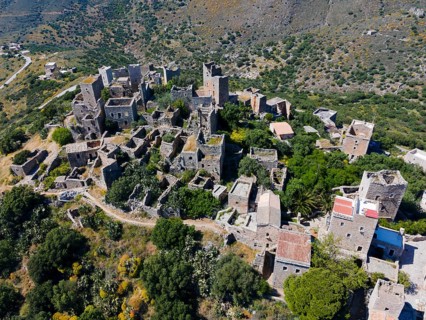 Drone shot, Vathia, Ithylo, Anatoliki Mani, Mani, Lakonia, Peloponnese, Greece, Europe