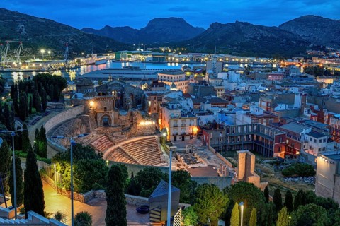 Teatro Romano, blue hour, Roman amphitheater, in the old town of Cartagena, Murcia region, Spain,
