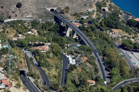 Several motorways and country roads intersect at Taormina, Province of Messina, Sicily, Italy,