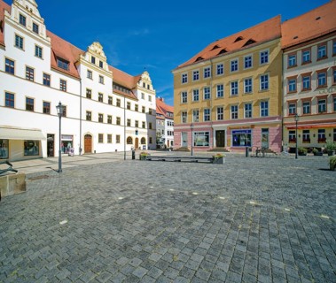 Market square with town houses and Mohren pharmacy, Torgau, Saxony, Germany, Europe