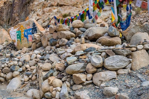 Mani stones with the engraved Tibetan mantra Om Mani Padme Hum, Nubra Valley, Ladakh, Jammu and